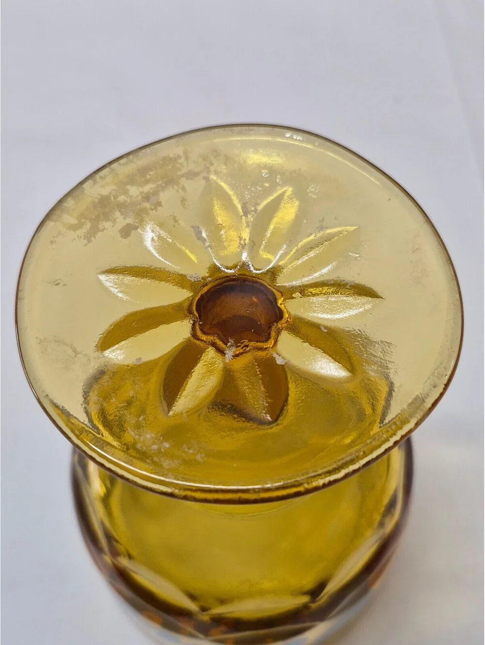 Vintage Amber Glass Goblet with Blue Peace and Love Design J24